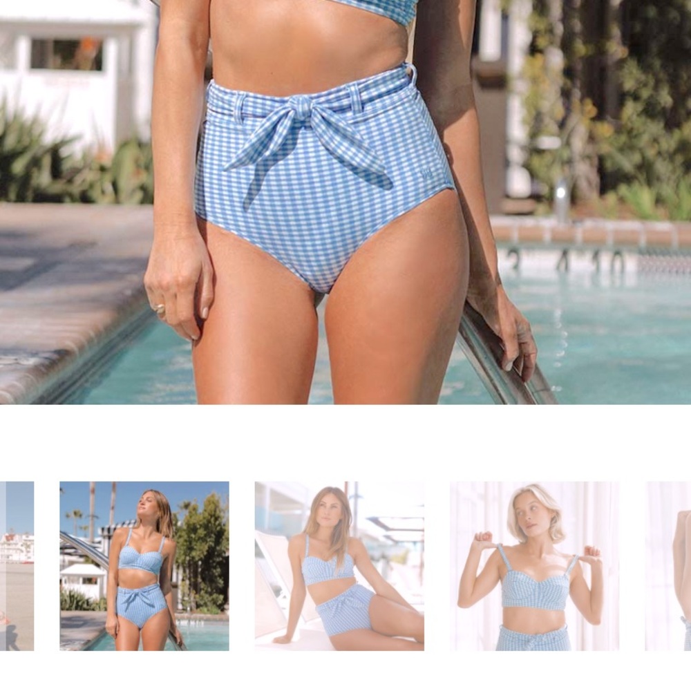 Albion Fit high-waisted belted bathing suit bottoms “Bluebell” color/pattern.